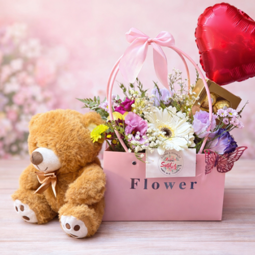 Box flores silvestres+ferrero+globo+oso